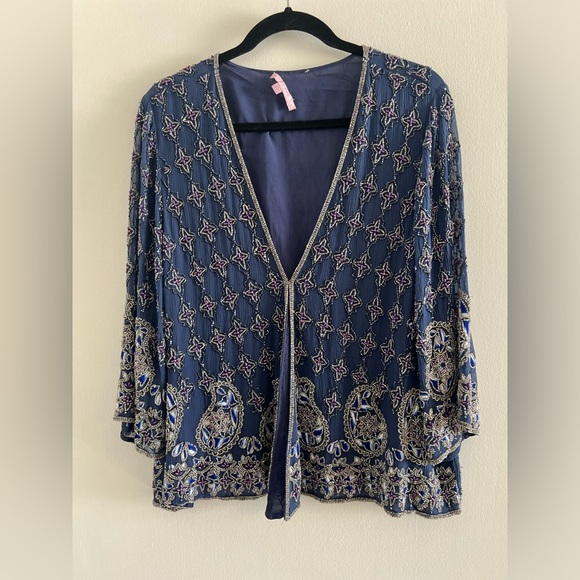 Calypso St. Barth Dapis Silk Embellished Blue Beaded Evening Jacket, Large - Picture 3 of 13
